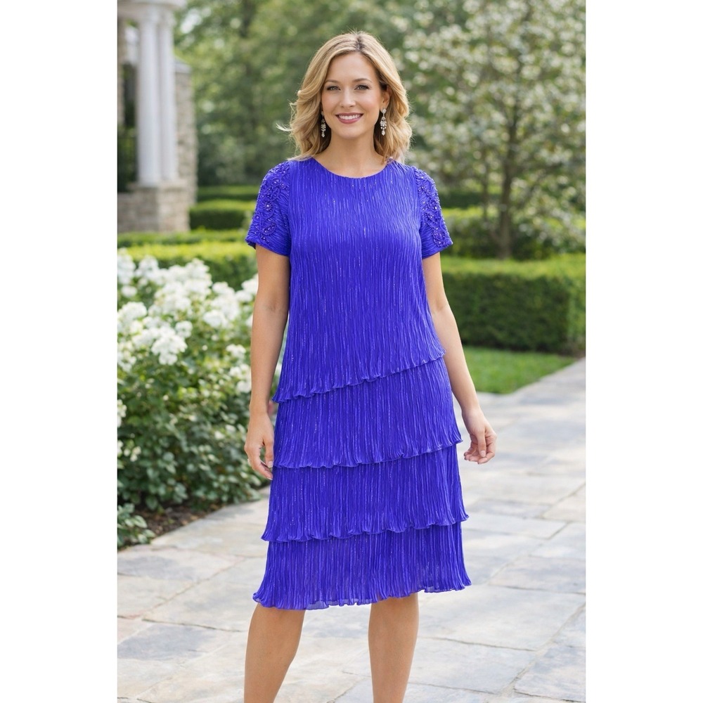 Patra‎ Pleated Tiered Dress Womens 11-12 Purple Embellished Cocktail Evening